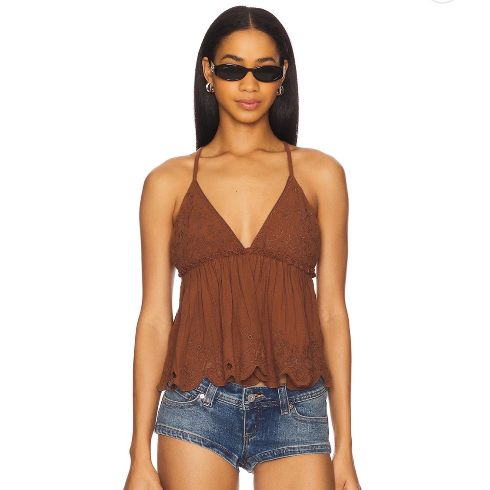 Free People Brown Eyelet V-Neck Spaghetti Strap Tank Top